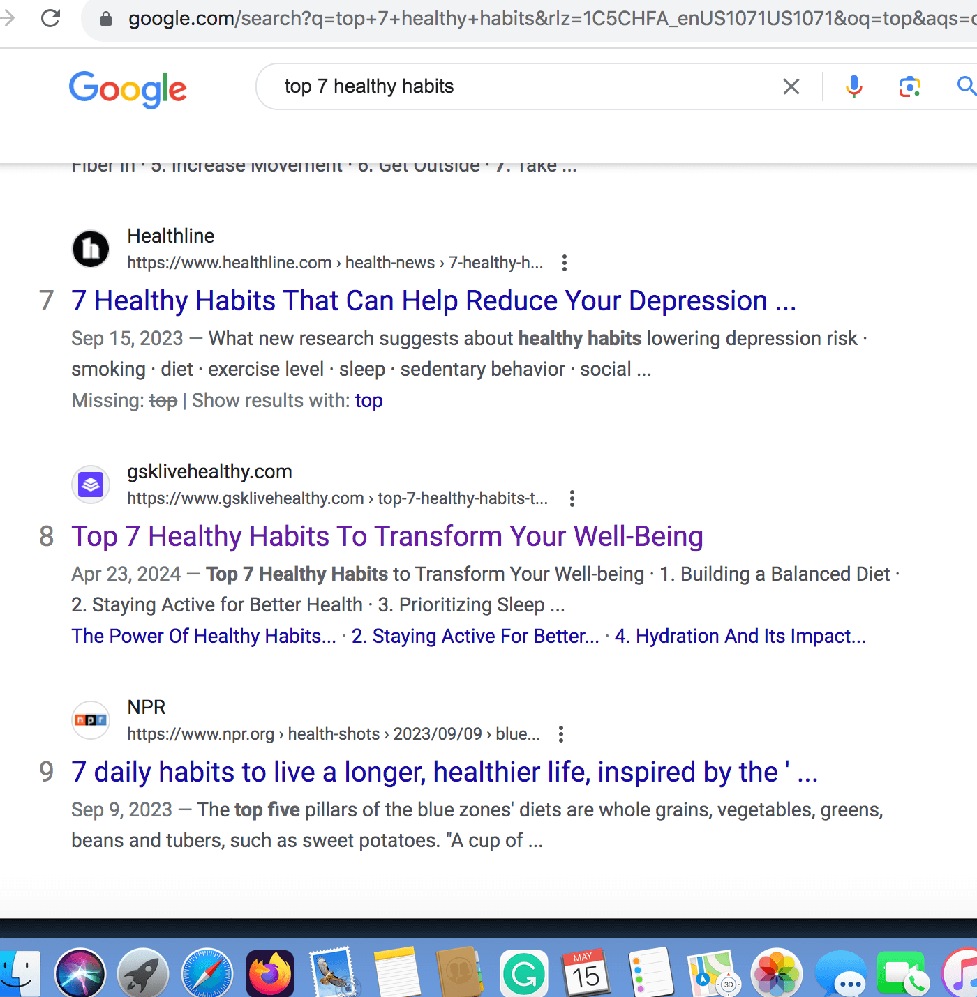 Showing screenshot of Google ranking for keyword top7 healthy habits